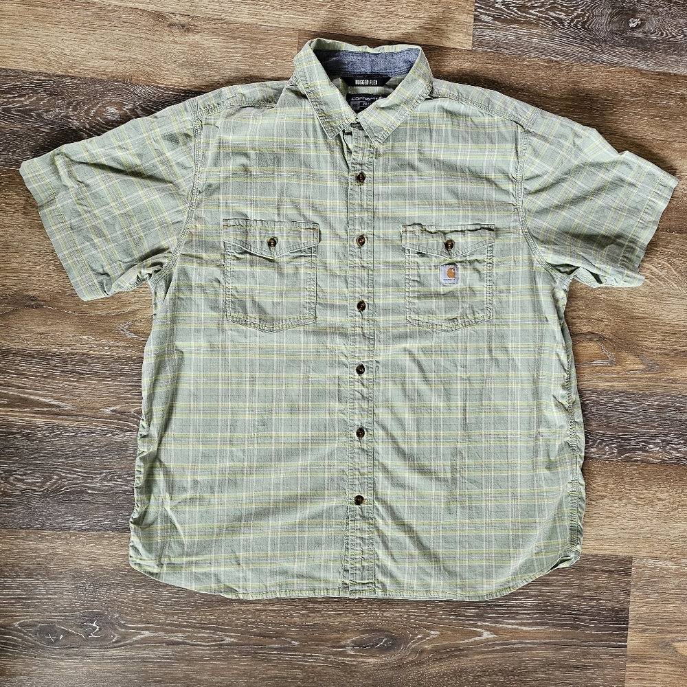 Carhartt Rugged Flex Green Plaid Shirt Button Down Relaxed Fit Size 2XL